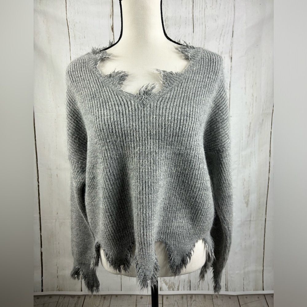 Dance & Marvel Destructed Distressed Gray Sweater V Neck - Picture 1 of 8